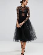 Asos Lace And Embellished Bodice Dress With Mesh Midi Skirt - Black