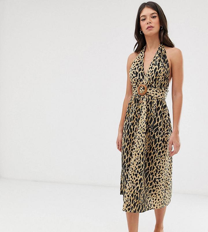 Asos Design Tall Halter Neck Midi Button Through Linen Sundress With Buckle In Leopard Print-multi