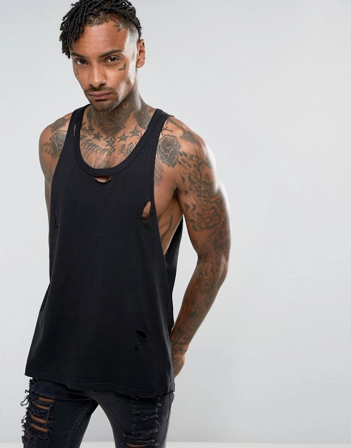 Brave Soul Distressed Arm Drop Tank - Black