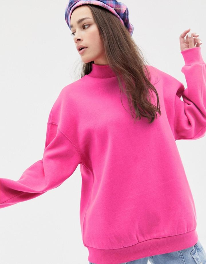 Bershka High Neck Oversized Sweater In Neon Pink - Pink