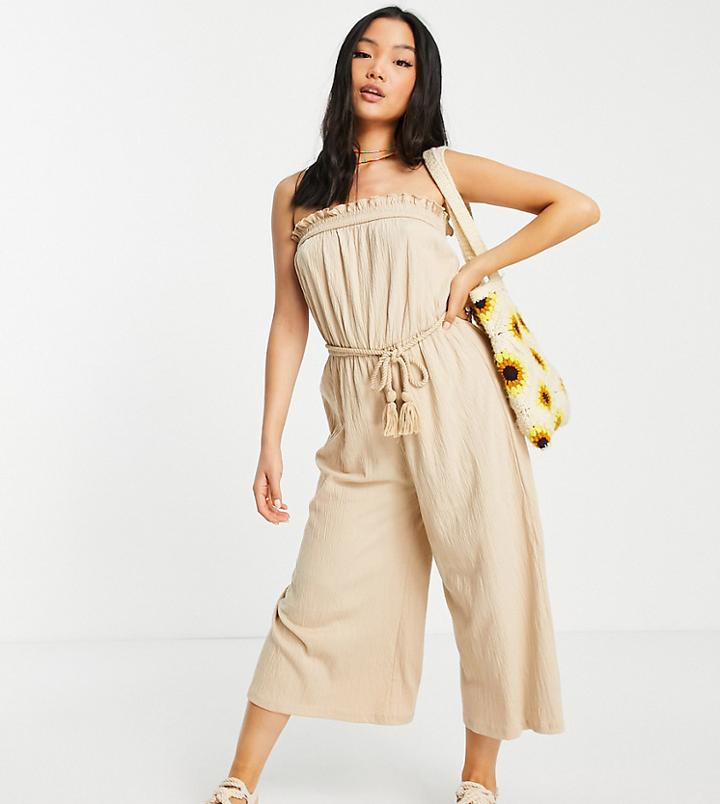 Asos Design Petite Bandeau Rope Tie Jumpsuit In Cream-white