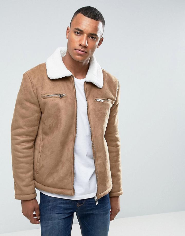 Brave Soul Faux Shearling Collar Jacket - Tan