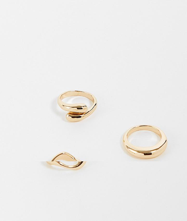 Asos Design Curve Pack Of 3 Rings In Mixed Design In Gold Tone