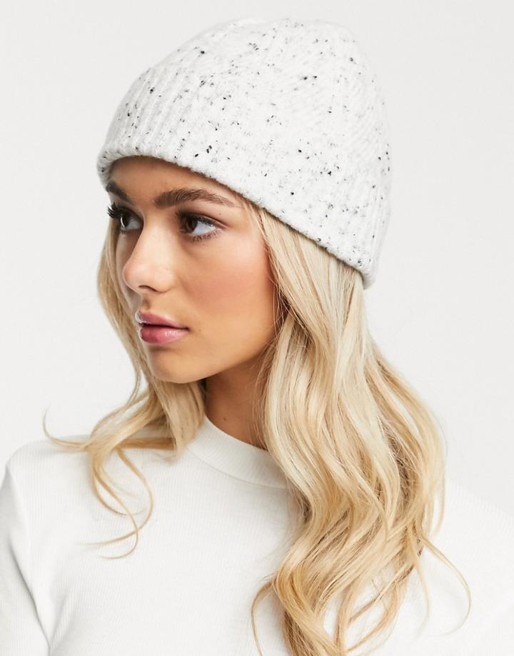 Asos Design Rib Fisherman Beanie In Cream With Black Flecks