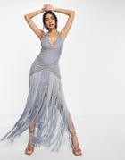 Asos Design Pearl Embellished Maxi Dress With Fringe Hem In Blue-blues
