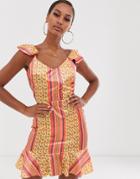 John Zack Frilly High Low Mini Dress In Orange Chain Pint - Multi