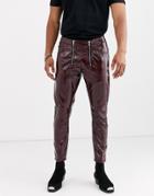 Asos Design Slim Jeans In Burgundy Vinyl With Zip Front