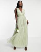 Asos Design Bridesmaid Tulle Plunge Maxi Dress With Bow Back Detail In Sage-green
