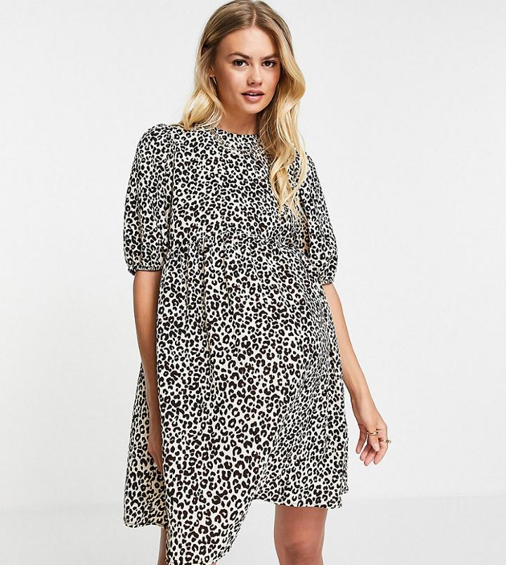Asos Design Maternity Short Sleeve Smock Mini Dress In Animal Print-multi