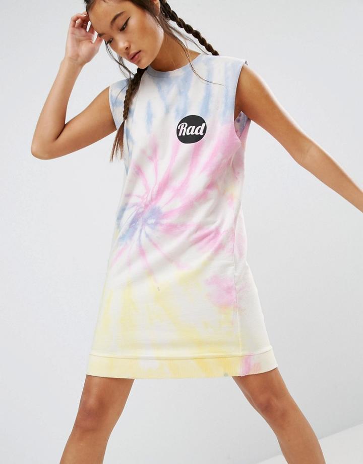 Asos Sleeveless Tie Dye Sweat Dress With Rad Print - Multi