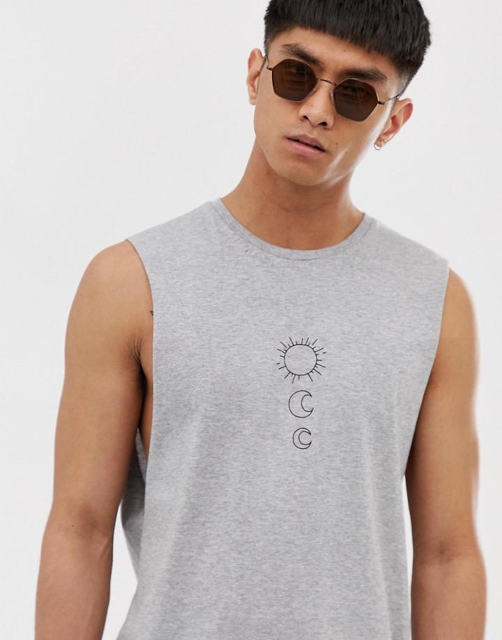 Asos Design Tank With Dropped Armhole And Astronomical Chest Print - Gray