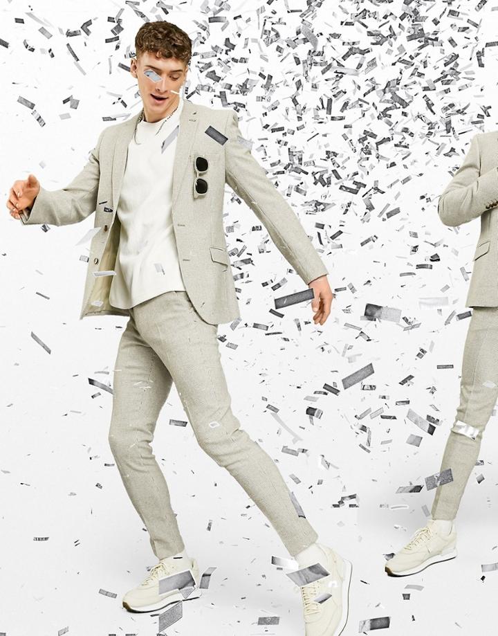 Asos Design Wedding Super Skinny Wool Mix Suit Pants In Stone Puppytooth-neutral