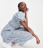 Influence Tall Puff Sleeve Cotton Poplin Midi Dress In Ditsy Floral Print-blues