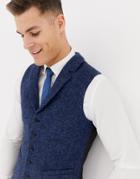 Asos Design Wedding Slim Suit Vest In 100% Wool Harris Tweed In Navy Twill