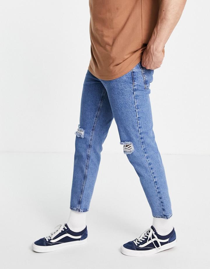 Asos Design Classic Rigid Jeans In Flat Mid Blue With Knee Rips-blues
