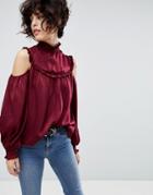 J.o.a Cold Shoulder Long Sleeve Top With High Shirred Neck - Red
