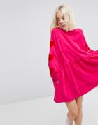 Lazy Oaf Oversized Sweat Dress With Velvet Heart Arm Patches - Pink