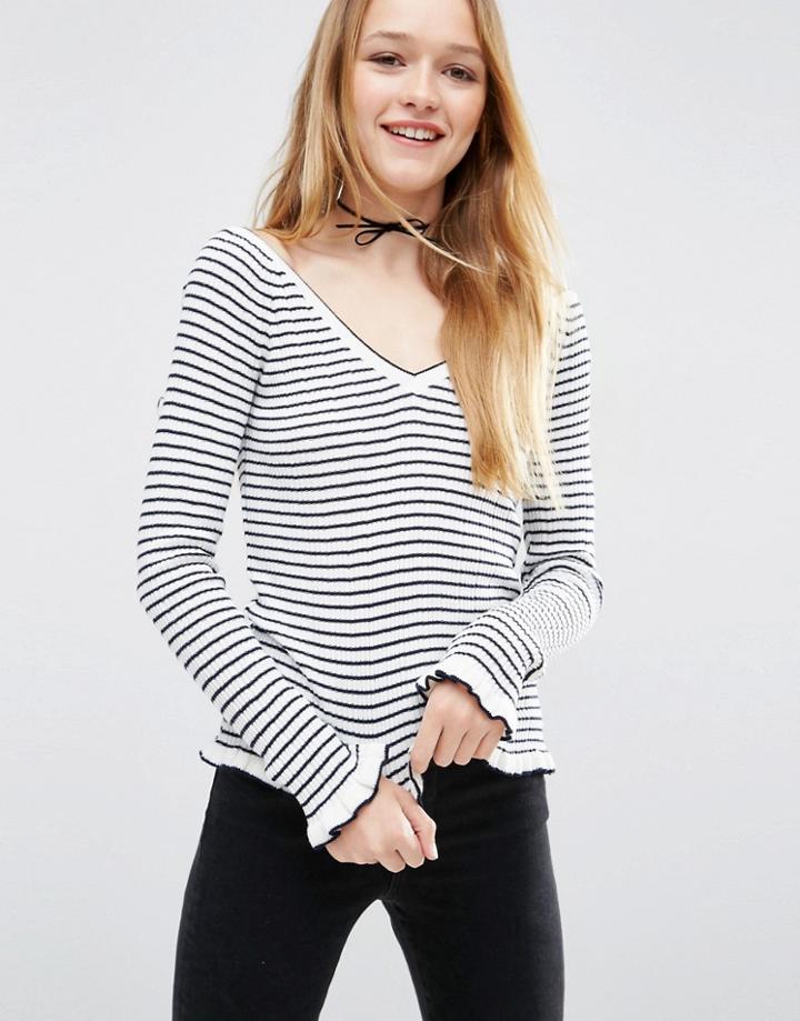 Asos Sweater With Ruffle Hem In Stripe With Off Shoulder V Neck - Multi