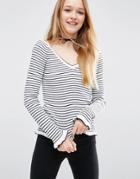 Asos Sweater With Ruffle Hem In Stripe With Off Shoulder V Neck - Multi
