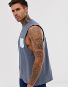 Asos Design Relaxed Sleeveless T-shirt With Dropped Armhole With Contrast Pocket In Gray-blue