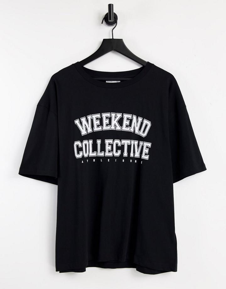 Asos Weekend Collective Curve Oversized T-shirt With Varsity Print In Black