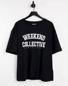 Asos Weekend Collective Curve Oversized T-shirt With Varsity Print In Black