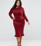 Club L Plus Office Long Sleeve Detailed Dress W. Peplum Frill Hem Bodycon Midi Dress-red
