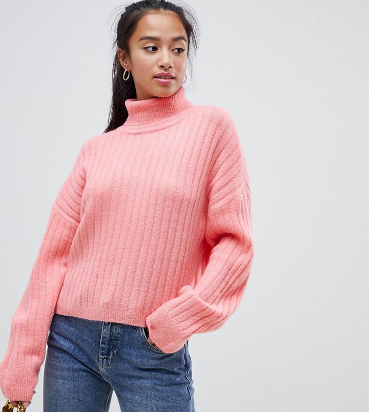 Asos Design Petite Fluffy Sweater In Rib With Roll Neck - Pink