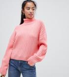 Asos Design Petite Fluffy Sweater In Rib With Roll Neck - Pink