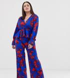 John Zack Plus Wide Leg Pants Two-piece In Red Floral Print-multi