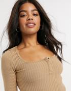 Asos Design Sweater With Square Neck And Popper Detail In Camel-neutral