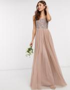 Maya Bridesmaid Sleeveless Square Neck Maxi Tulle Dress With Tonal Delicate Sequin Overlay In Taupe Blush-brown