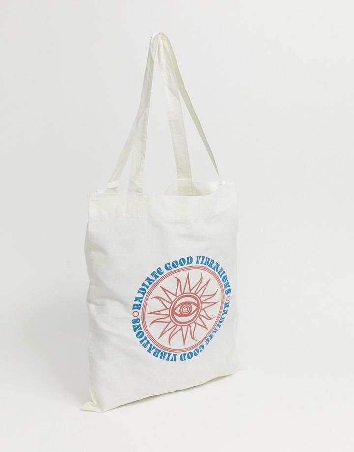 Asos Design Organic Tote Bag In Beige With Good Vibrations Print