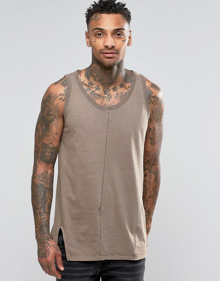 Asos Longline Tank With Split Hem Detail - Tan