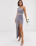 Club L London One Shoulder Embellished Belt Bridesmaid Maxi Dress - Gray