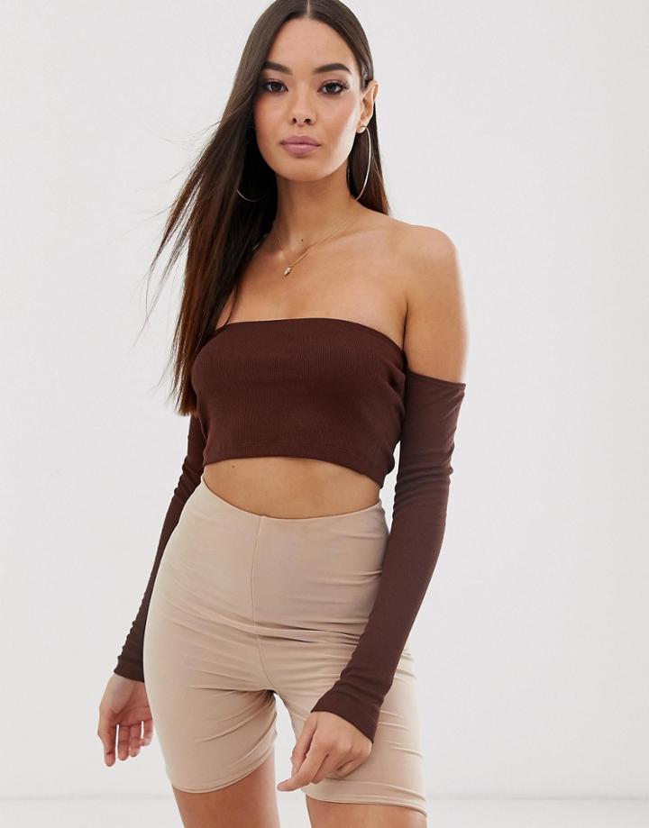 Asos Design Long Sleeve Off Shoulder Rib Super Crop Top In Brown