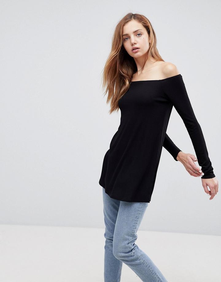 Asos Off Shoulder Top In Longline Slouchy Rib - Black