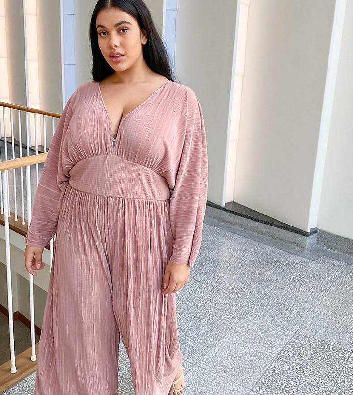 Asos Design Curve Kimono Sleeve Plisse Jumpsuit-pink