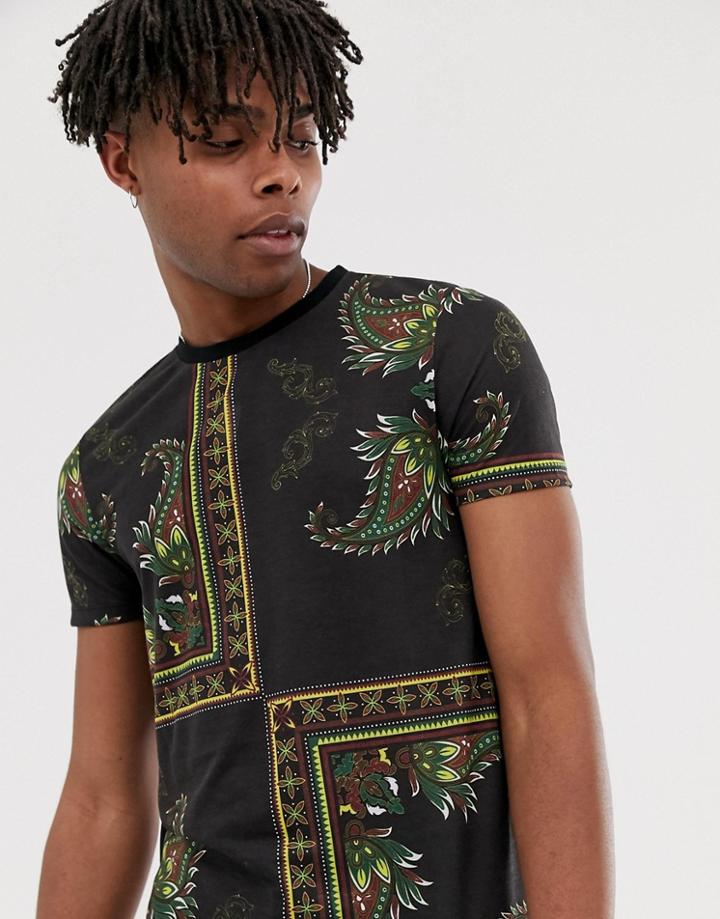 Asos Design T-shirt With All Over Bandana Print-black