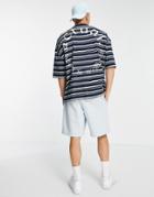 Asos Actual Oversized T-shirt With All Over Stripe Print With Back Logo Print In Navy