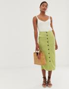 Asos Design Button Front Midi Skirt In Olive - Green