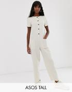 Asos Design Tall Minimal Button Front Short Sleeve Boilersuit - Cream