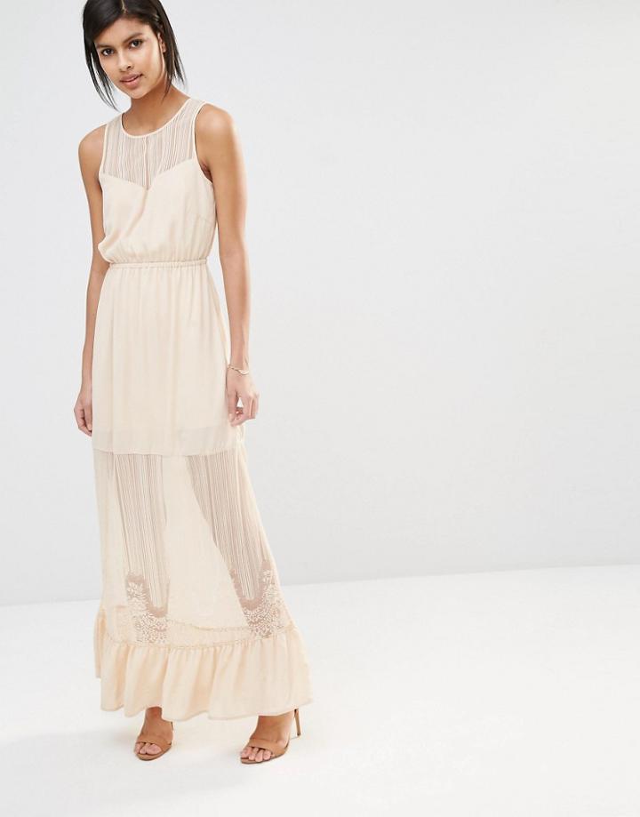 Vero Moda Sheer Lace Insert Maxi Dress With Ruffle Hem - Ivory Cream