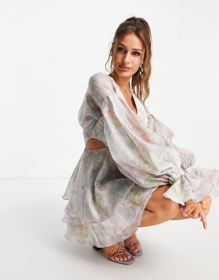 Asos Design Pleated Mini Dress With Blouson Sleeve And Cuff Detail In Watercolor Floral Print-multi