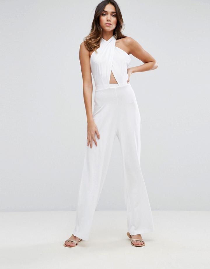 Asos Jersey Jumpsuit With Cross Front And Super Wide Leg - White