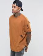 Asos Oversized T-shirt With Rips And Slash Distress In Tan - Tan