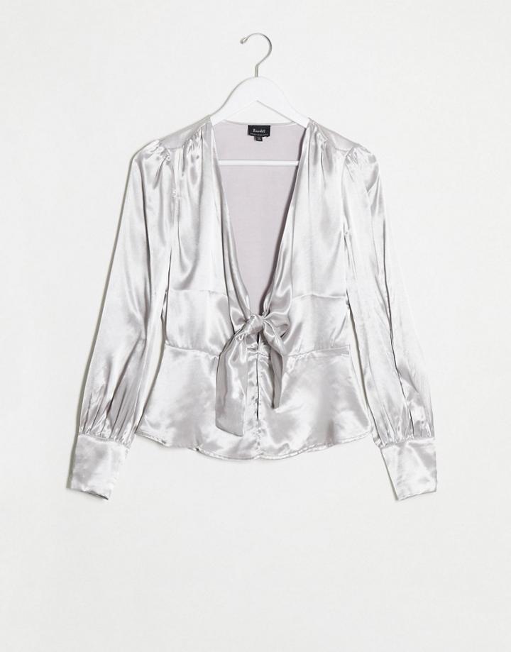 Bardot Tie Front Satin Blouse In Silver-white