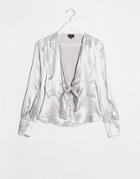 Bardot Tie Front Satin Blouse In Silver-white