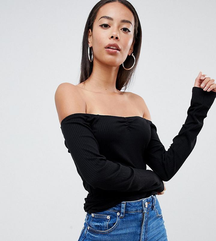 Asos Design Tall Off Shoulder Bardot Top In Rib In Black - Black