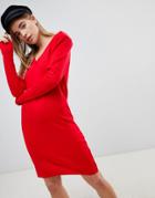 Asos Dress With V Neck And Shoulder Pad-red